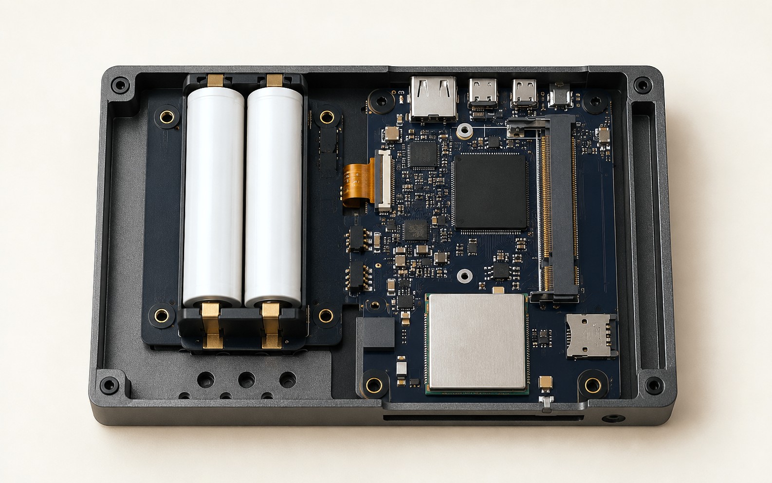 PB-M1 open unit — CNC enclosure, dual 18650, NPU mainboard